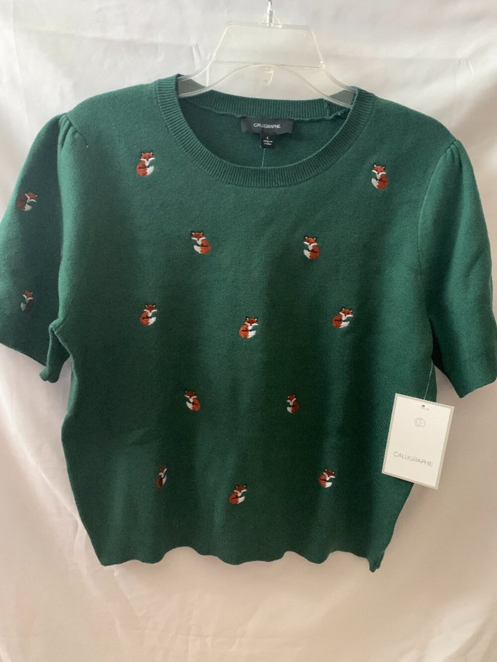 CALLIGRAPHIE FOR ANTHROPOLOGIE Fox Embroidered Knit Short Sleeve Top Sz LARGE